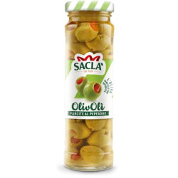 GREEN OLIVES WITH PEPPER SACLA OLIVOLI, GLASS 140 G